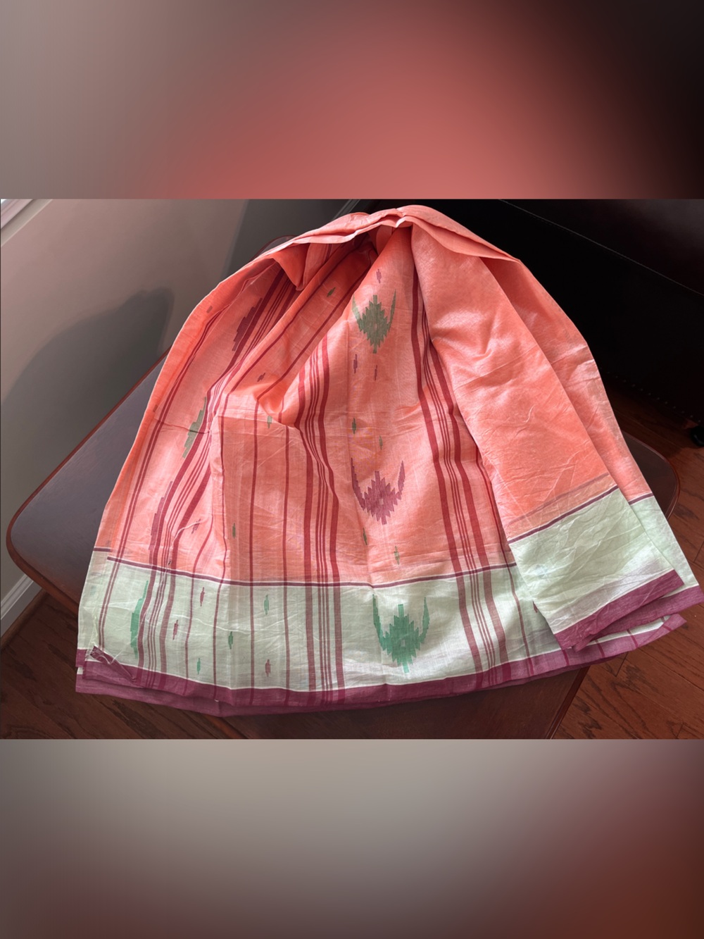 Coral Ikat-Pattern Full Circle Saree with Cream Border
